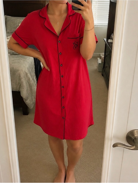 Victoria's Secret Other - Victoria's Secret Red Button-Front Nightshirt with Black Piping